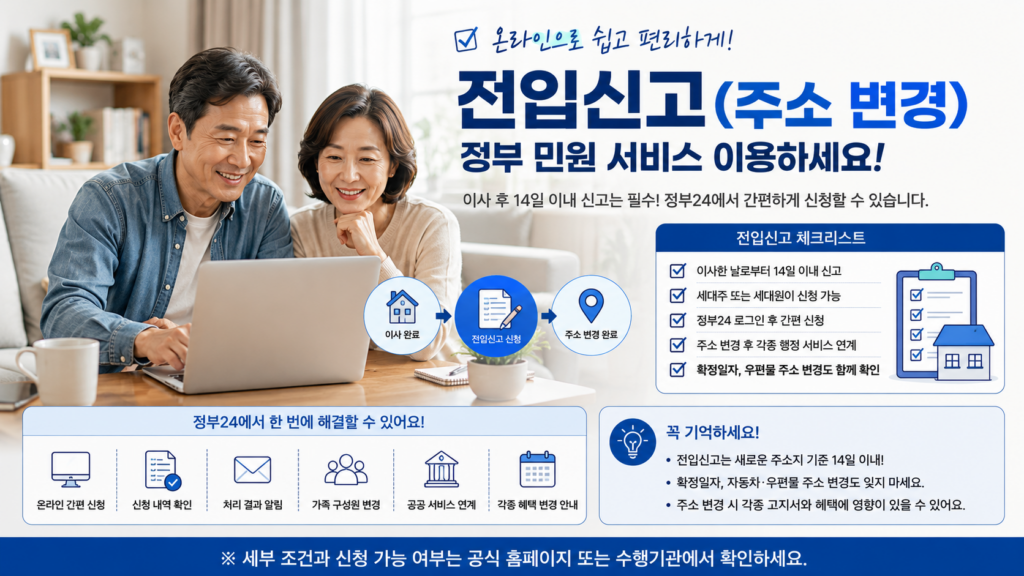 정부24 온라인 전입신고 방법을 확인하는 50대 부부