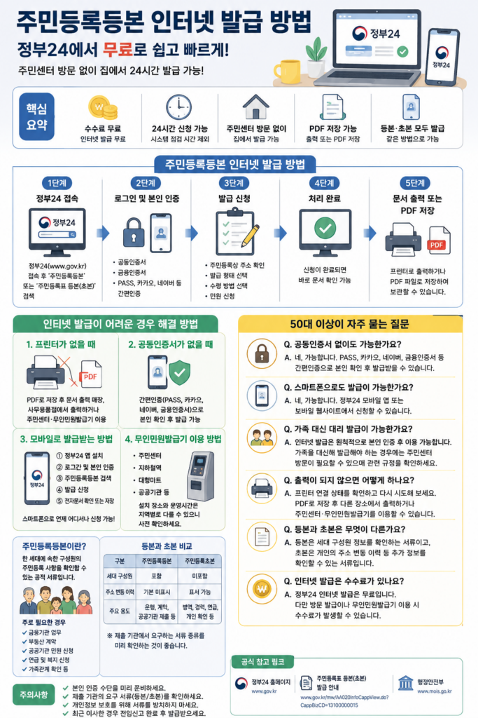 주민등록등본 인터넷 발급 방법 인포그래픽, 정부24에서 무료로 주민등록등본과 주민등록초본을 발급받는 방법, PDF 저장, 모바일 발급, 무인민원발급기 이용 방법 안내