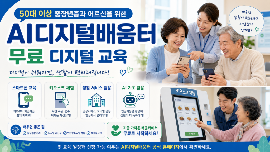  AI디지털배움터에서 50대 이상 중장년층이 스마트폰과 키오스크 사용법을 배우는 무료 디지털 교육 안내 인포그래픽