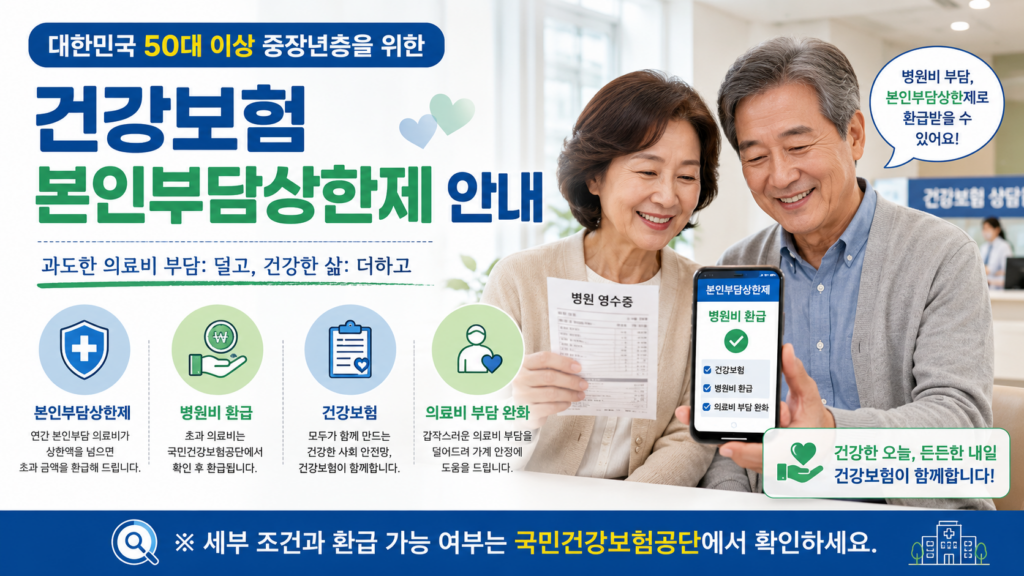 건강보험 본인부담상한제와 병원비 환급 확인 방법을 안내하는 50대 이상 대상 공공 정보형 인포그래픽