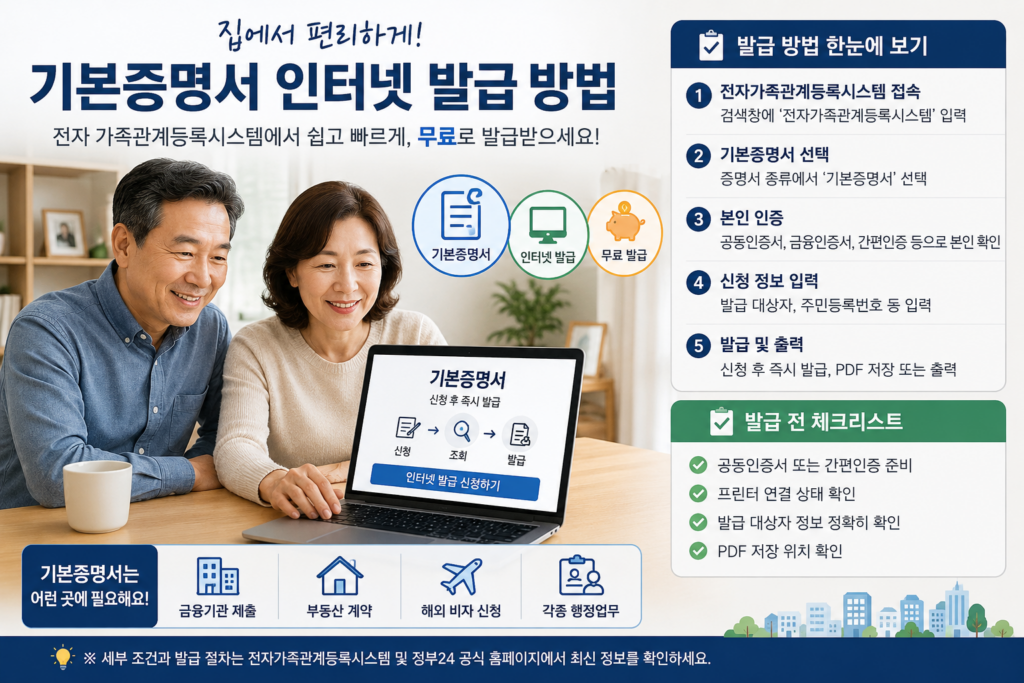 50대 부부가 전자가족관계등록시스템으로 기본증명서를 인터넷 발급받는 모습