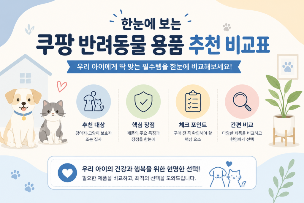 강아지와 고양이 보호자를 위한 쿠팡 반려동물 용품 추천 비교표 인포그래픽
